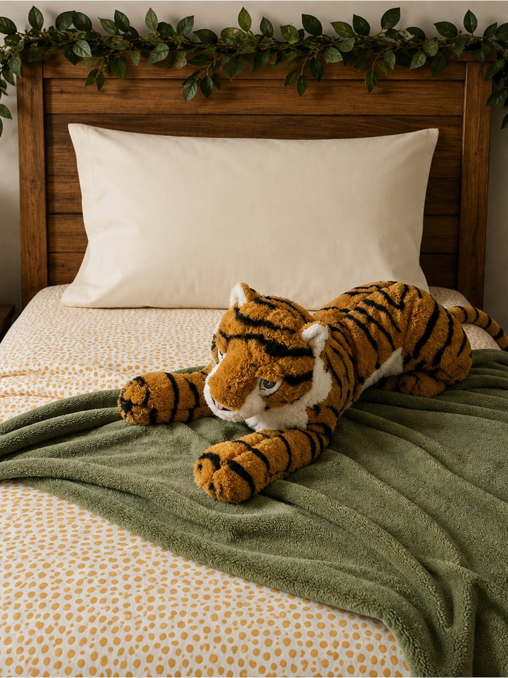 Pillowfort Twin Bedding Bundle with IKEA Tiger Plush & Greenery | Jungle Theme
